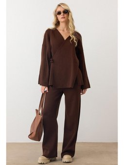 Bağcık Kapamalı Kimono Pantolon Triko Tk Takım Kahve