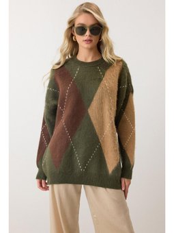 Baklava Desen Oversize Triko Kazak Haki