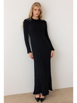 Bisiklet Yaka Kalın Fitilli Uzun Triko E Elbise Siyah