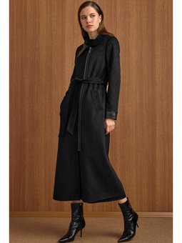 Devrik Yaka Fermuar Kapamalı Deri Garnili Süet Görünümlü Siyah Kap