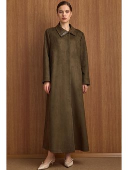 Devrik Yaka Taş Detaylı Süet Görünümlü Büyük Beden Pardesü K.haki