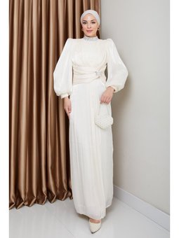 Fiyonk Ve Yakası Taş Bezeli Yoryo İpek Ekru Abiye Elbise