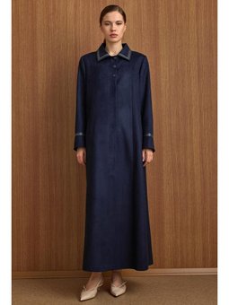 Gömlek Yaka Deri Ve İşleme Detaylı Süet Görünümlü Büyük Beden Lacivert Pardesü