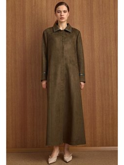 Gömlek Yaka Deri Ve İşleme Detaylı Süet Görünümlü Büyük Beden Pardesü K.haki