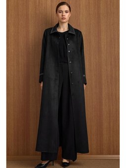 Gömlek Yaka Deri Ve İşleme Detaylı Süet Görünümlü Büyük Beden Siyah Pardesü
