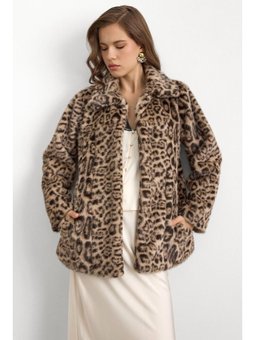 Gömlek Yaka Leopar Desenli Suni Kürk Bej Ceket