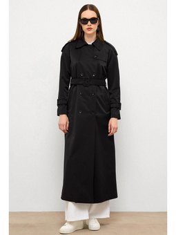 Grogren Detaylı Su İtici Özellikli Uzun Siyah Trençkot