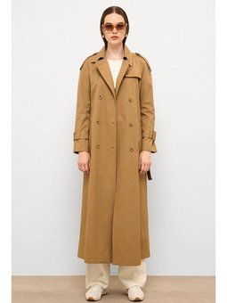 Grogren Detaylı Su İtici Özellikli Uzun Trençkot Kamel