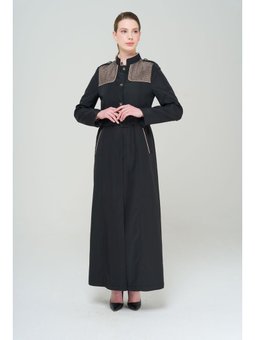 Hakim Yaka Apolet Ve File Detaylı Astarlı Uzun Siyah Trençkot