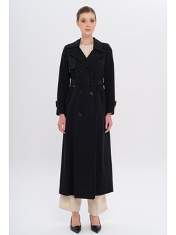 Kruvaze Leopar Desen Astarlı Su İtici Özellikli Uzun Siyah Trençkot