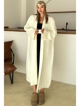 Oversize Kalın Triko Uzun Ekru Hırka