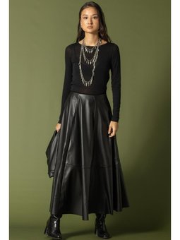 Parçalı Kloş Deri Siyah Etek