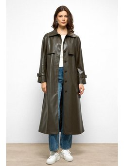 Reglan Kol Pelerin Ve Punto Dikiş Detaylı Deri Haki Trençkot
