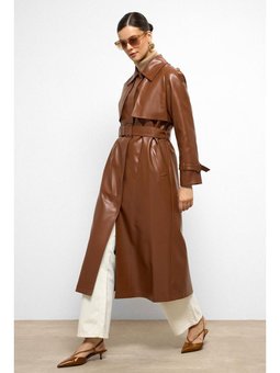 Reglan Kol Pelerin Ve Punto Dikiş Detaylı Deri Taba Trençkot