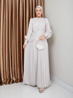 Volan Ve Plise Detaylı Kristal Şifon Abiye Elbise Taş