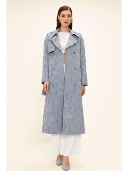 Yanları Fermuarlı Pelerini Taş Detaylı Astarlı Simli Jakar Mavi Trençkot