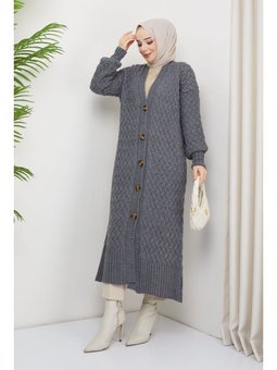Antrasit Sepet Örgü Düğmeli Tam Boy Triko Hırka