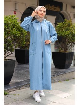 Cepli Omuzdan Taş Detaylı Kapüşonlu Kot Kap