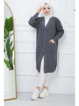 Düğme Kapamalı Cepli Triko Hırka