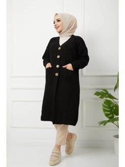 Düğmeli Cepli Siyah Triko Salaş Hırka