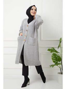 Düğmeli Cepli Siyah Triko Salaş Hırka