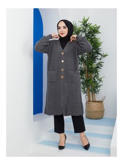 Düğmeli Cepli Siyah Triko Salaş Hırka