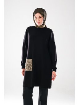 2288_ Altın Payet Cepli Siyah Bisiklet Yaka, Uzun Kollu, Şık Günlük / Abiye Tunik