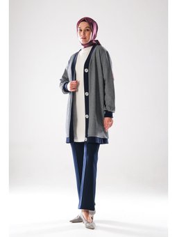 2294_ Büyük Düğme Detaylı, Tunik Boy Dört Mevsim, Diyagonel, Ottoman, Lacivert Hırka