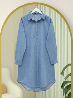 Ahşap Düğmeli Uzun Kot Açık Mavi Tunik