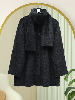 Atkı Detaylı Önü Düğmeli Sakallı Siyah Ceket