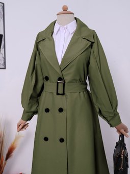 Balon Kol Tokalı Kemerli Yan Cepli Haki Trençkot