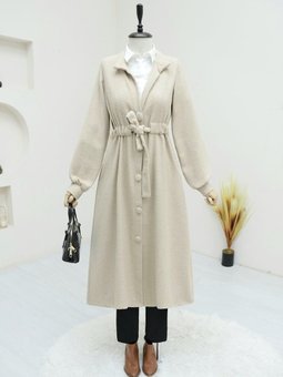 Bej Belden Bağlamalı Top Düğmeli Kaşe Kaban