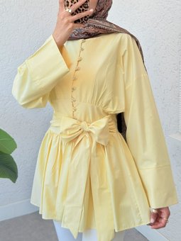 Beli Bağcıklı Boydan Taş Düğmeli Açık Sarı Tunik