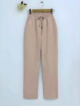 Beli Bağcıklı Dar Paça Bej Pantolon