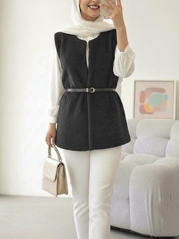 Beli Kemerli Çift Cepli Astarlı Peluş Siyah Yelek