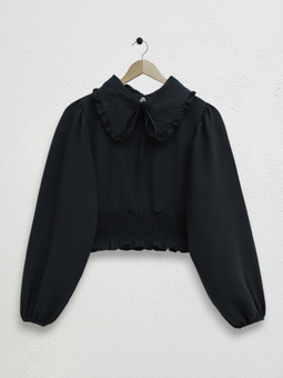 Beli Lastikli Bebe Yaka Uzun Kol Siyah Bluz