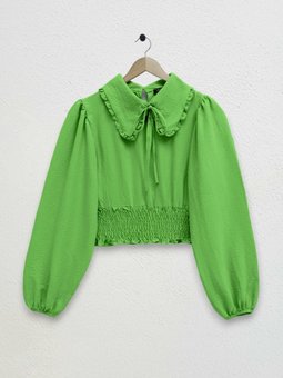 Beli Lastikli Bebe Yaka Uzun Kol Yeşil Bluz