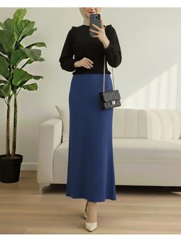 Beli Lastikli Pliseli Kalem İndigo Etek