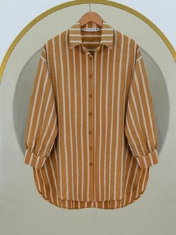 Boydan Düğmeli Arkası Uzun Çizgili Tarçın Gömlek