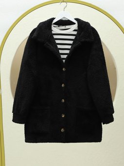 Boydan Düğmeli Cepli Pelüş Siyah Ceket