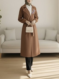 Broşlu Taş Detaylı Balon Kol Taba Trençkot