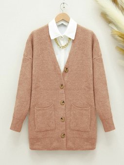 Çift Cepli Yumoş Örgü Somon Hırka