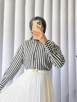 Çizgili Oversize Düğmeli Siyah Gömlek