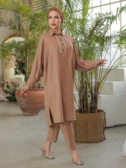 Düğmeli Dantel İşlemeli Salaş Keten Vizon Tunik