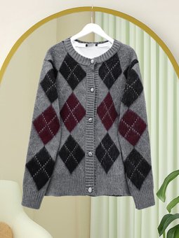 Düğmeli Kare Desenli Çift Kat Triko Füme Hırka