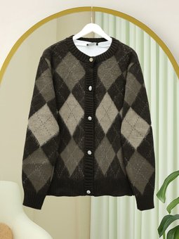 Düğmeli Kare Desenli Çift Kat Triko K. Kahve Hırka