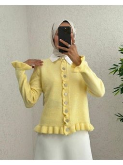 Düğmeli Önü Ve Eteği Fırfırlı Açık Sarı Hırka