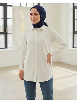 Düğmeli Oversize Düz Beyaz Gömlek