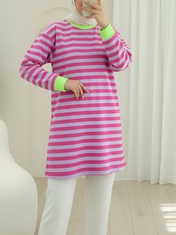 Fuşya Renkli Çizgili Yuvarlak Yaka Sweat