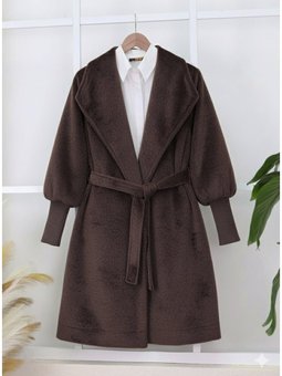 K. Kahve Kolu Ribanalı Şal Yaka Astarlı Kaşe Kaban